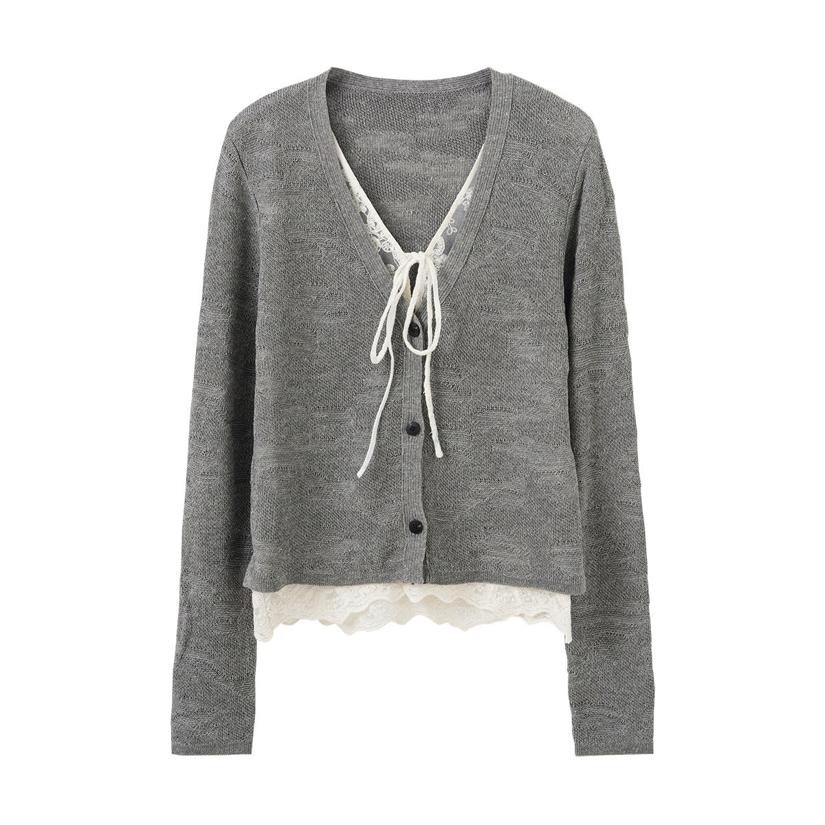 Faux Two-Piece Lace Panel Knit Cardigan with 3D Texture Layers, Gray V-Neck Slim Fit Sweater