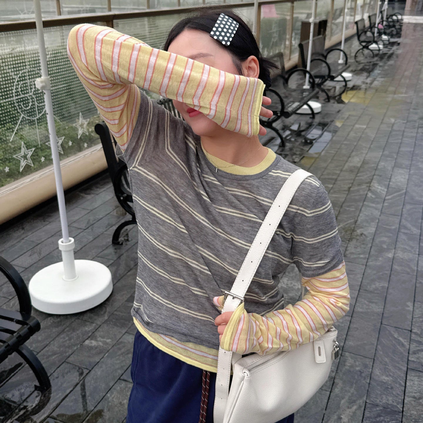 Fashionable Color-Blocking Sleeve Mock Two-Piece Knit Long Sleeve Women's Round Neck Striped Wool Knit Top