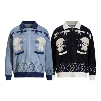 Jacquard Pattern Long Sleeve Turn-down Collar Buttoned Cardigan Sweater