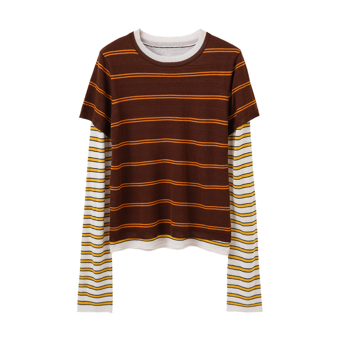 Fashionable Color-Blocking Sleeve Mock Two-Piece Knit Long Sleeve Women's Round Neck Striped Wool Knit Top