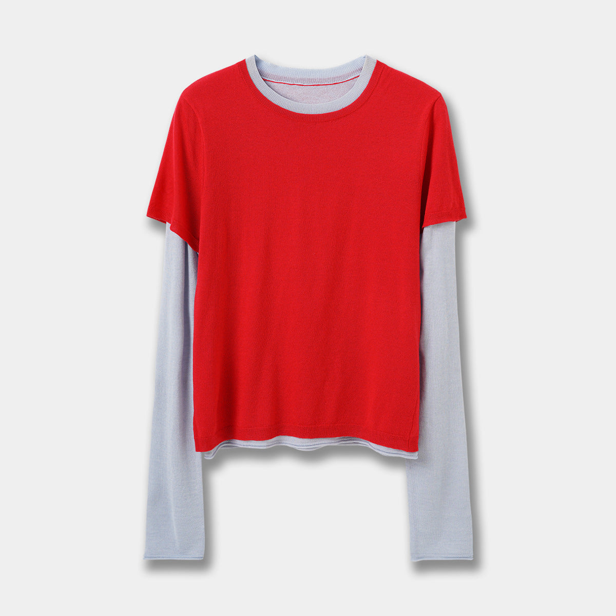 Fashionable Color-Blocking Sleeve Mock Two-Piece Knit Long Sleeve Women's Round Neck Striped Wool Knit Top