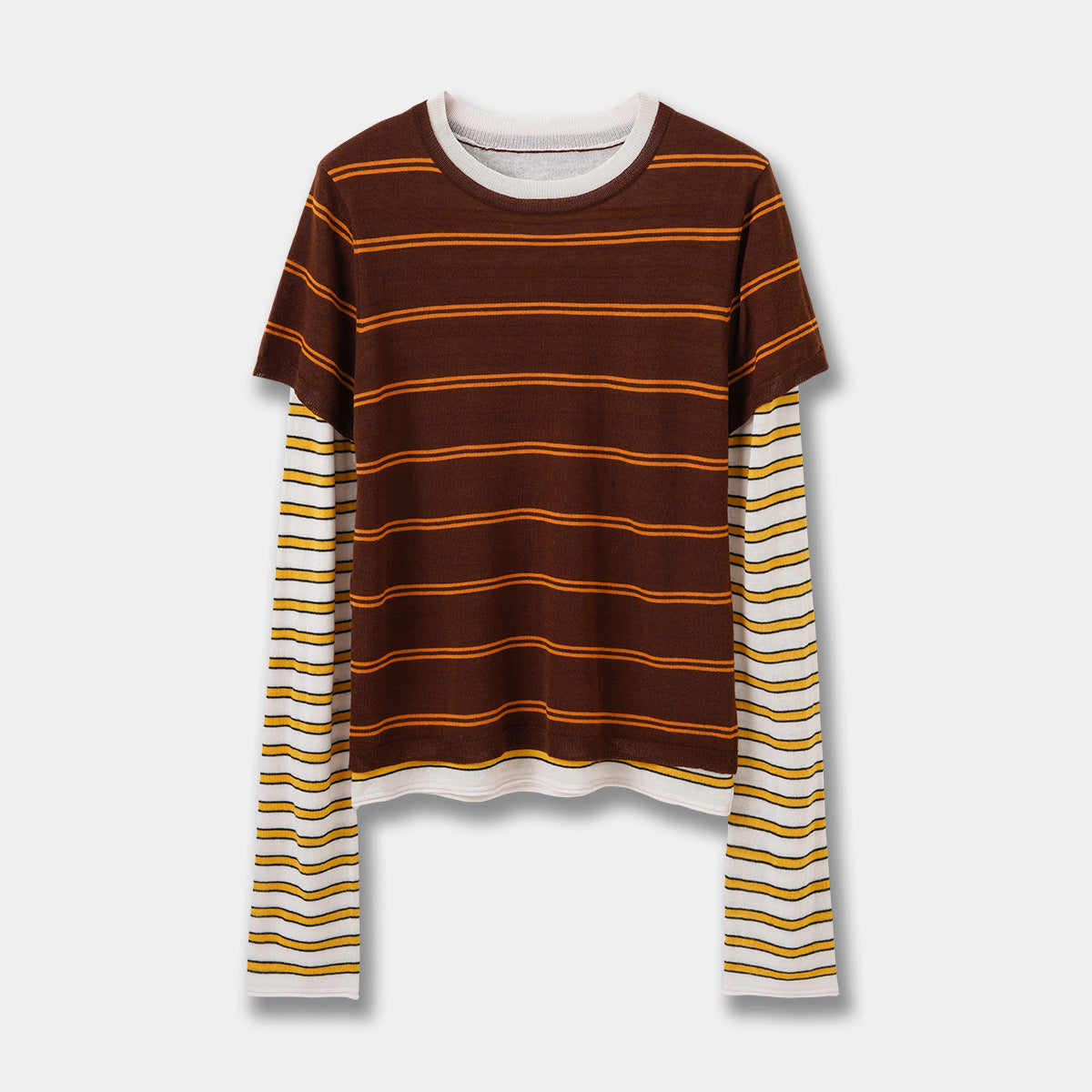 Fashionable Color-Blocking Sleeve Mock Two-Piece Knit Long Sleeve Women's Round Neck Striped Wool Knit Top