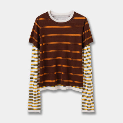 Fashionable Color-Blocking Sleeve Mock Two-Piece Knit Long Sleeve Women's Round Neck Striped Wool Knit Top