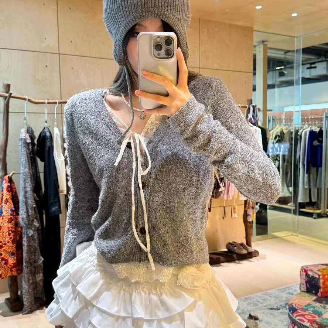 Faux Two-Piece Lace Panel Knit Cardigan with 3D Texture Layers, Gray V-Neck Slim Fit Sweater