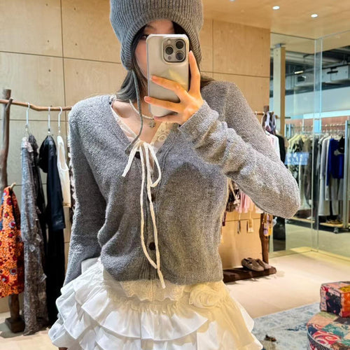 Faux Two-Piece Lace Panel Knit Cardigan with 3D Texture Layers, Gray V-Neck Slim Fit Sweater