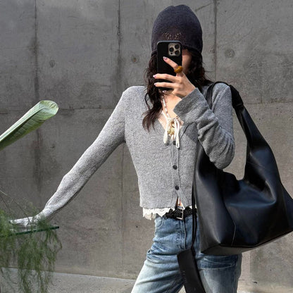 Faux Two-Piece Lace Panel Knit Cardigan with 3D Texture Layers, Gray V-Neck Slim Fit Sweater