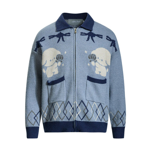 Jacquard Pattern Long Sleeve Turn-down Collar Buttoned Cardigan Sweater