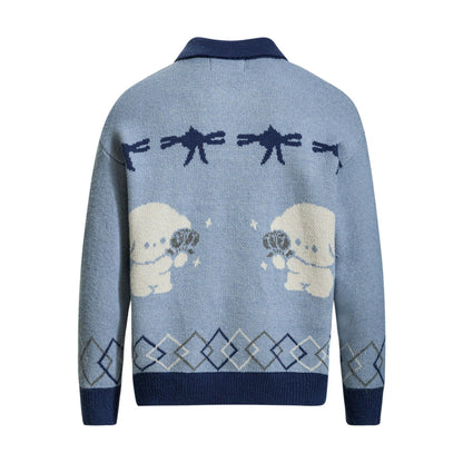 Jacquard Pattern Long Sleeve Turn-down Collar Buttoned Cardigan Sweater