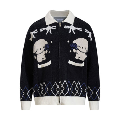 Jacquard Pattern Long Sleeve Turn-down Collar Buttoned Cardigan Sweater
