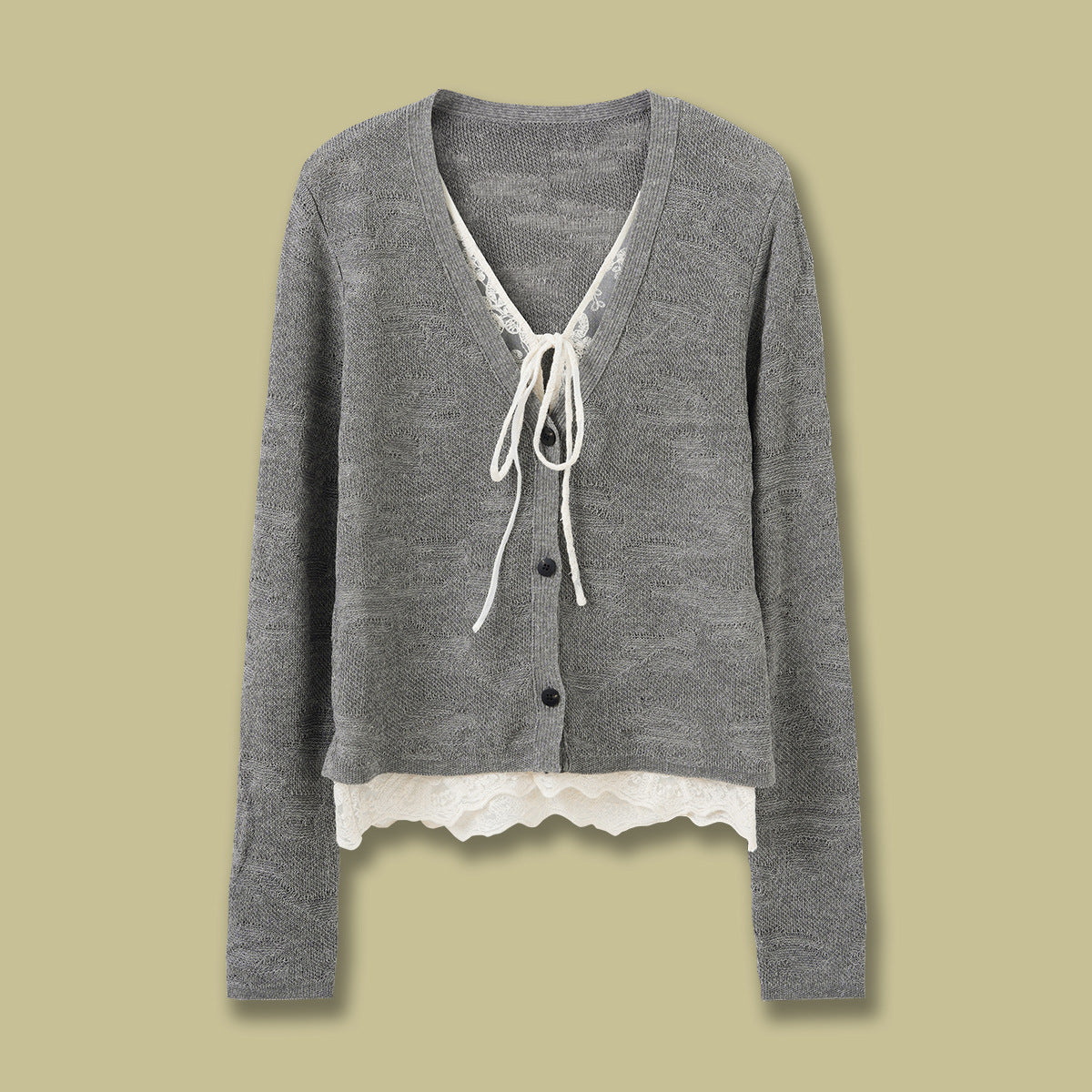 Faux Two-Piece Lace Panel Knit Cardigan with 3D Texture Layers, Gray V-Neck Slim Fit Sweater