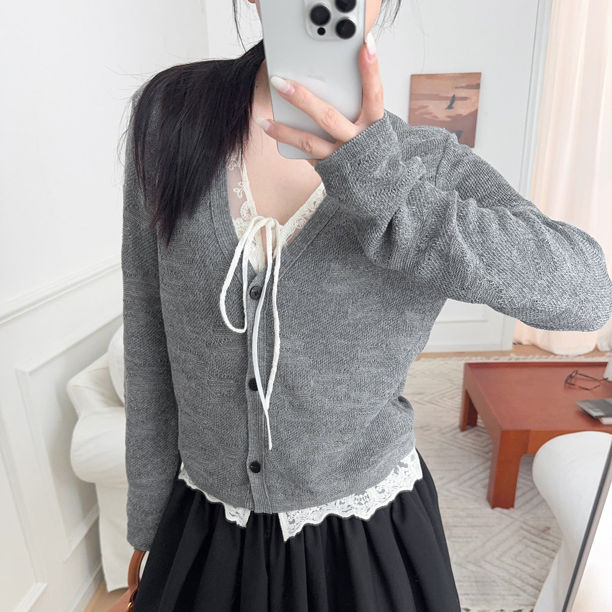 Faux Two-Piece Lace Panel Knit Cardigan with 3D Texture Layers, Gray V-Neck Slim Fit Sweater