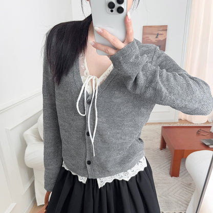Faux Two-Piece Lace Panel Knit Cardigan with 3D Texture Layers, Gray V-Neck Slim Fit Sweater