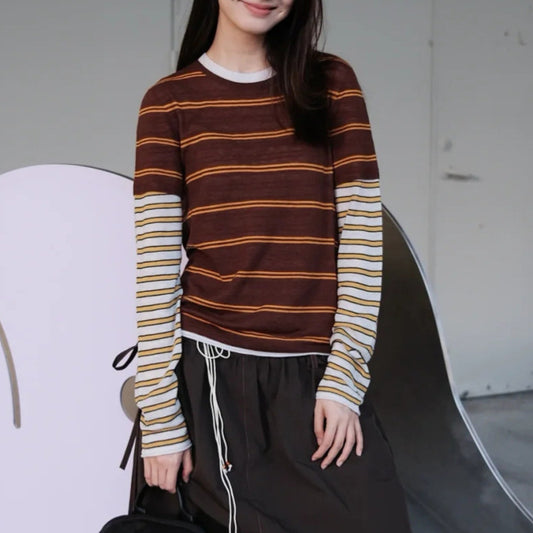 Fashionable Color-Blocking Sleeve Mock Two-Piece Knit Long Sleeve Women's Round Neck Striped Wool Knit Top