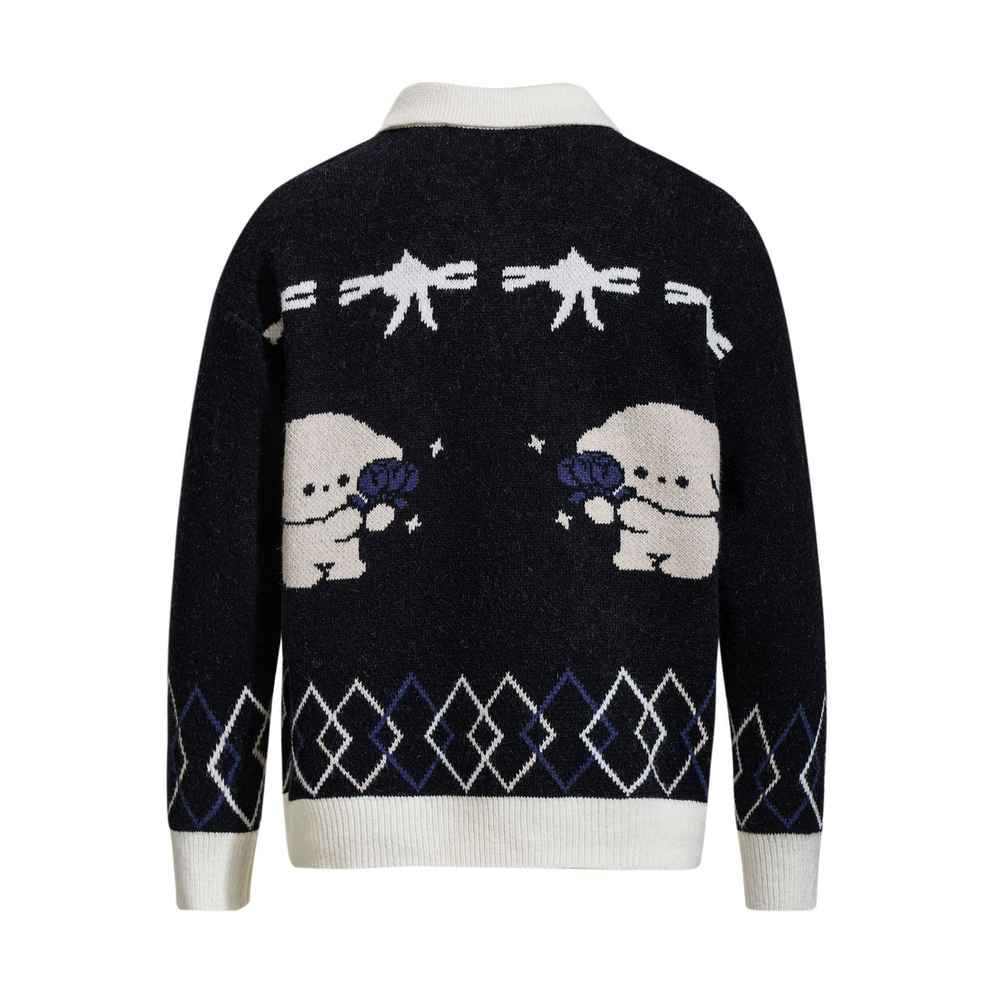 Jacquard Pattern Long Sleeve Turn-down Collar Buttoned Cardigan Sweater