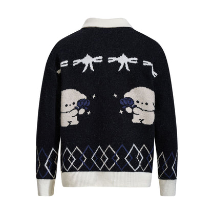 Jacquard Pattern Long Sleeve Turn-down Collar Buttoned Cardigan Sweater