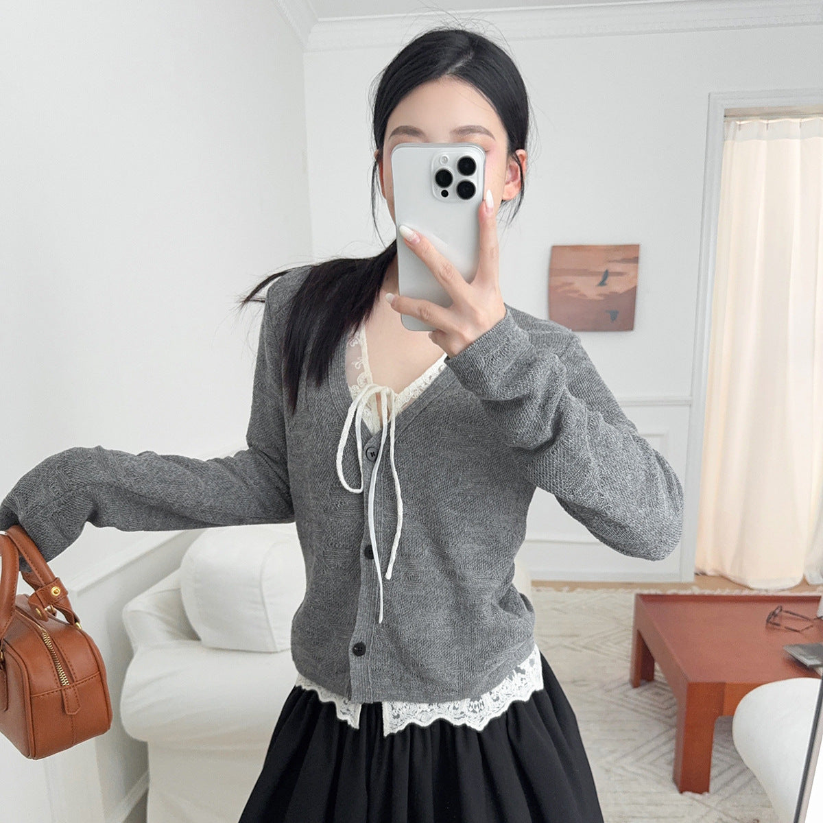 Faux Two-Piece Lace Panel Knit Cardigan with 3D Texture Layers, Gray V-Neck Slim Fit Sweater