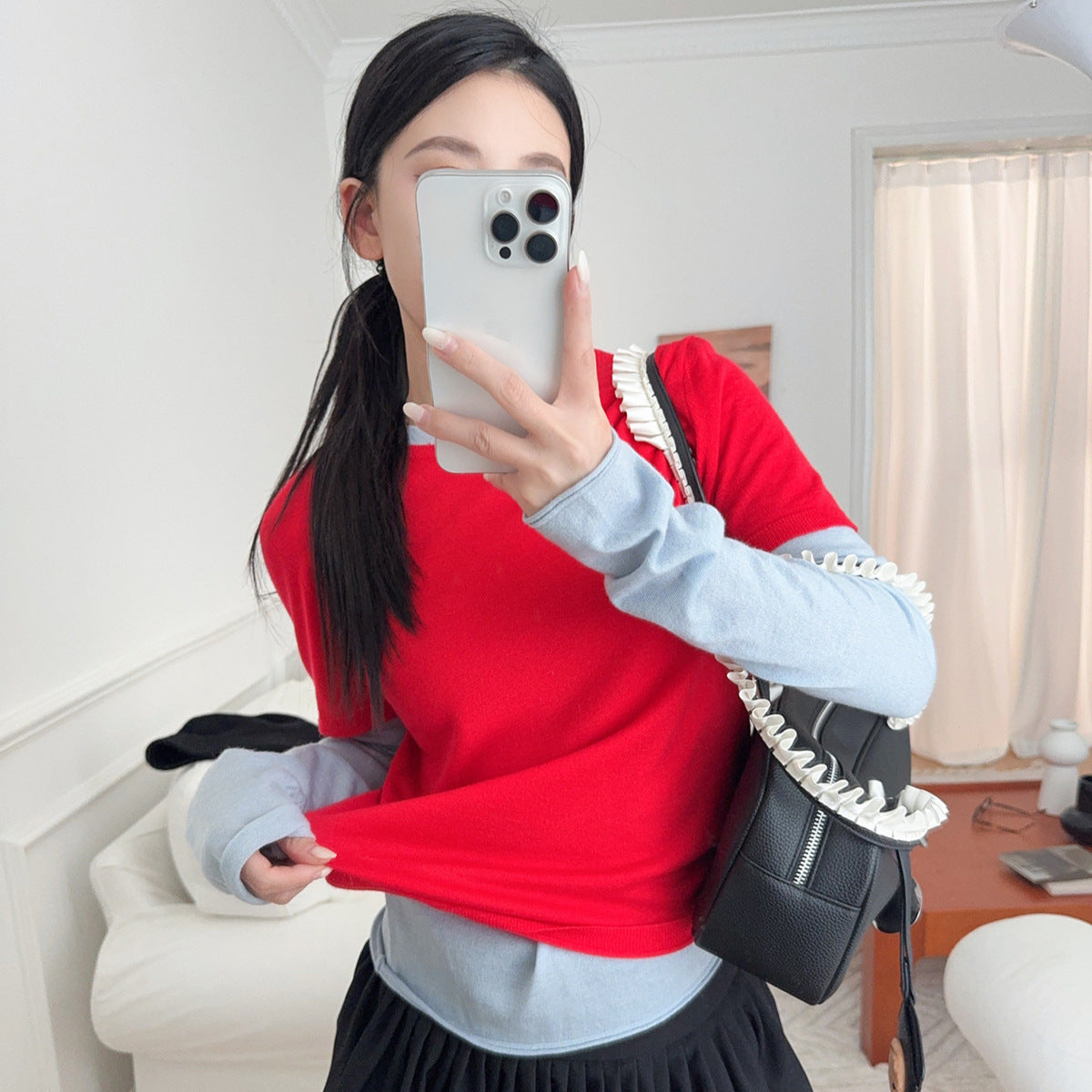 Fashionable Color-Blocking Sleeve Mock Two-Piece Knit Long Sleeve Women's Round Neck Striped Wool Knit Top