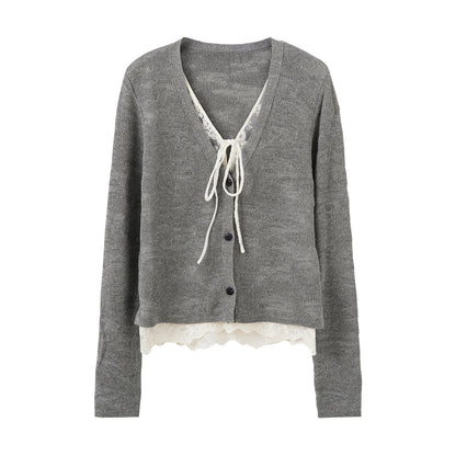 Faux Two-Piece Lace Panel Knit Cardigan with 3D Texture Layers, Gray V-Neck Slim Fit Sweater